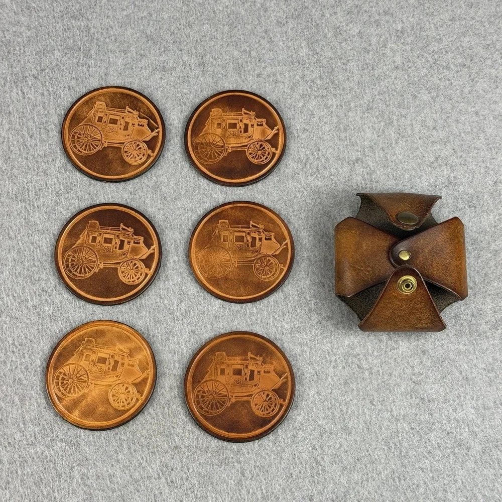 Handmade Genuine Leather Stagecoach Coaster Set 6 w/ Snap Holder Western